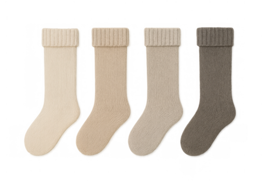 Knitted wool socks set in natural beige and brown tones providing autumn and winter comfort, transparent background