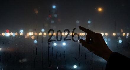 Hand writes 2026 on foggy window with city lights bokeh background, anticipating future