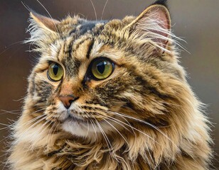 Close up of a majestic, long-haired tabby cat with striking green eyes looking sideways