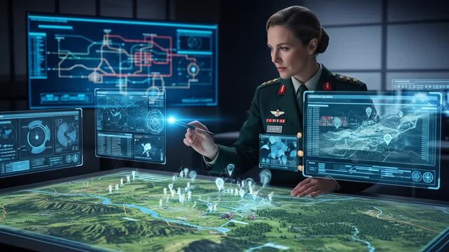 Military strategy planning on holographic display technology with topography map