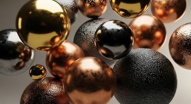 A collection of metallic spheres in gold, copper, and black, floating and reflecting light in a dynamic composition - Powered by Adobe