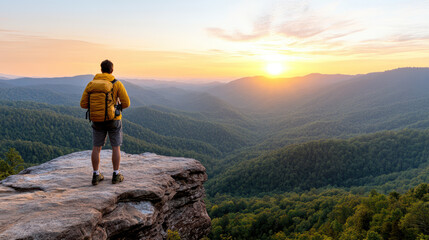Fototapeta premium Lone hiker with yellow jacket overlooking misty green mountain valley at sunrise, peaceful awe