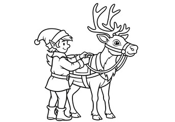 Christmas elf preparing reindeer for holiday sleigh ride