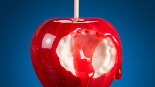 Glossy red candy apple with a bite out on a stick, blue background
