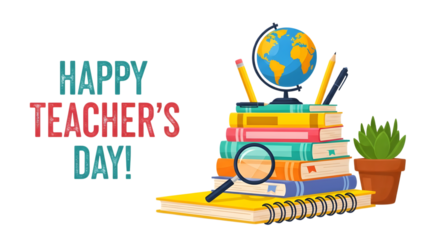 Happy teachers day illustration with a stack of books, globe, magnifying glass, pencils, and a potted plant, isolated on transparent background