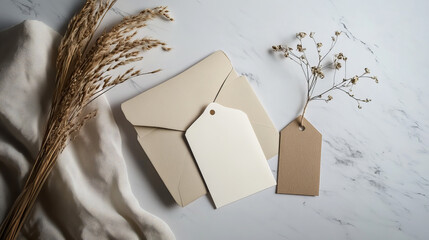 Clean branding mockups with envelopes and labels
