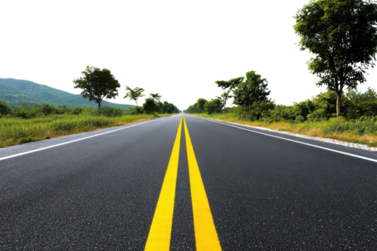 Empty Asphalt Road with Double Yellow Lines and Green Trees on Both Sides Leading to a Distant Horizon, Isolated On White Background, Png Transparent