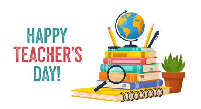 Happy teachers day illustration with a stack of books, globe, magnifying glass, pencils, and a potted plant, isolated on transparent background