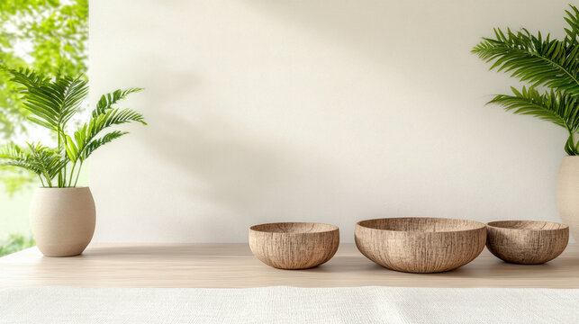 Minimalist wooden bowls tabletop with potted green plants and soft natural light creating calm