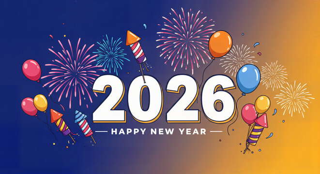 Celebrate New Year 2026 with vibrant fireworks and festive balloons marking the joyous occasion