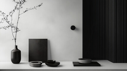 A minimalist black and white room with a frame hanging in the middle of the wall