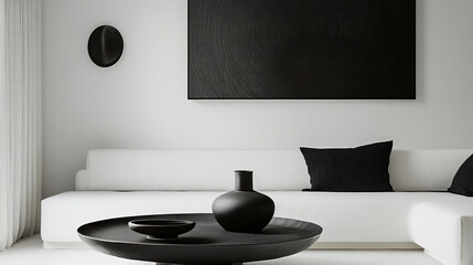 A minimalist black and white room with a frame hanging in the middle of the wall
