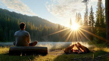 Man sitting by campfire lake sunrise forest calm reflection peaceful