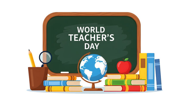 World teachers day celebration with books, globe, apple, and stationery on a blackboard, isolated on transparent background