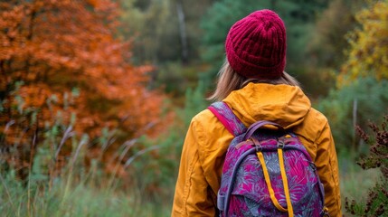 A female traveler enjoys a peaceful autumn day in the park, surrounded by colorful leaves and nature. Her bags hint at a day of adventure and exploration in the refreshing air