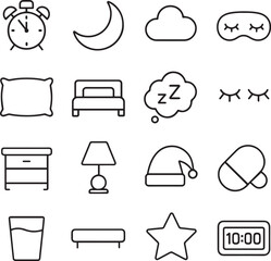Vector monochrome line icon set about sleep