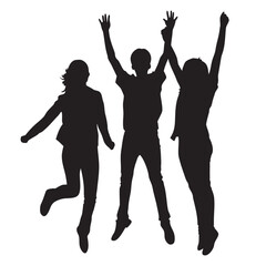 Fototapeta premium Group of Three Young People Silhouettes Jumping Together with Arms Raised in Joy and Celebration