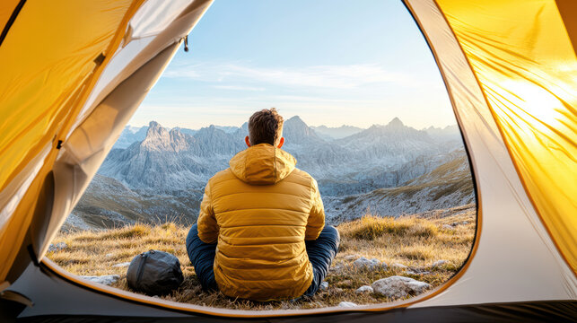 Yellow jacket mountain tent view sunrise person sitting contemplative
