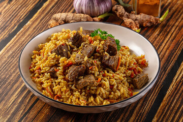 Asian traditional pilaf with beef