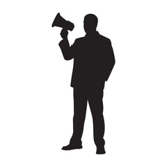 Fototapeta premium Businessman Silhouette Holding Megaphone, Making Announcement or Public Speaking