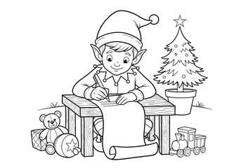 Christmas elf writing gift list at wooden table with toys and tree
