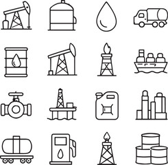 Vector monochrome line icon set about oil industry