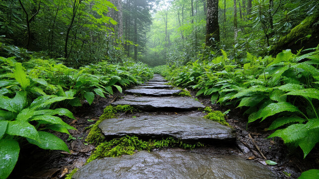 Moss path fern trail green forest misty morning