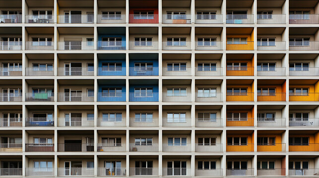 Facade of a residential building with many windows and balconies; some balconies are painted with different colors. Modern architecture of the apartment building.