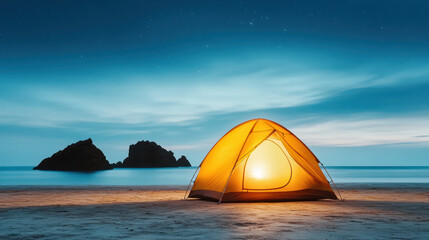 Glowing tent on tranquil beach under starry sky, peaceful night camping