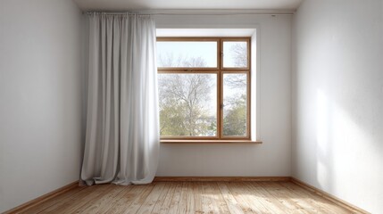 Fototapeta premium Empty room with a large window and white curtains floods with light.