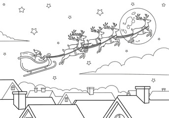 Santa Flying in Sleigh with Reindeer over the Moon