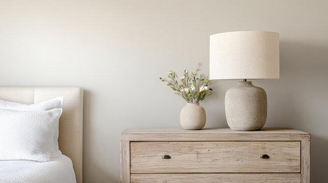 Neutral bedroom corner with rustic wooden nightstand, ceramic lamp and vase - Powered by Adobe