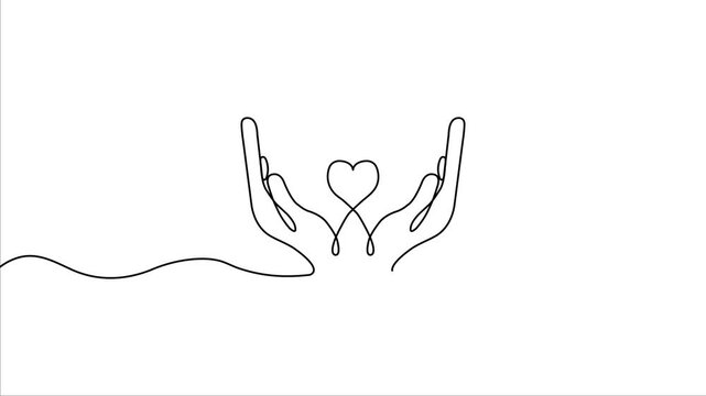 Continuous one line drawing with two hand holding heart shapes. Charity donation linear symbol. Line drawing of heart Romantic symbol for greeting card and web banner line-art.