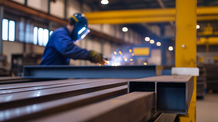 Welder at work wearing safety gear, welding a metal beam in a manufacturing plant with sparks flying. The industrial setting showcases manufacturing.