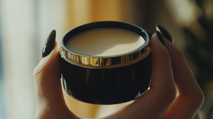 A woman with natural nails advertises a care product on her hand
