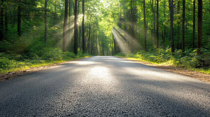 Obraz premium Sunlit forest road, morning rays, serene pathway, green trees, peaceful