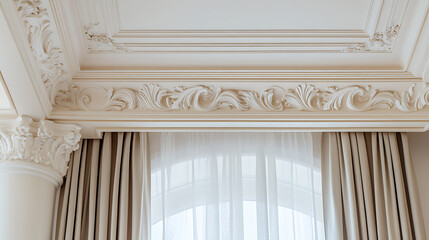 Obraz premium An opulent room bathed in ethereal light showcases a blend of architectural grandeur and soft textiles, detailed moldings, complemented by flowing curtains, enhancing the tranquil ambiance.