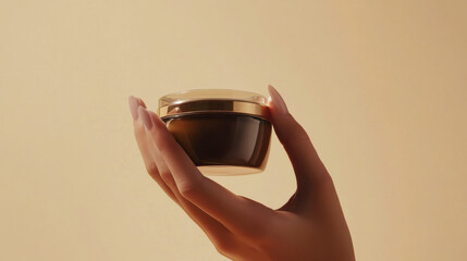 A woman with natural nails advertises a care product on her hand
