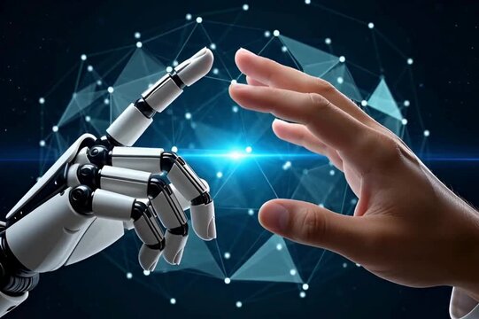 Robot hand and human hand almost touching over glowing abstract futuristic background connection