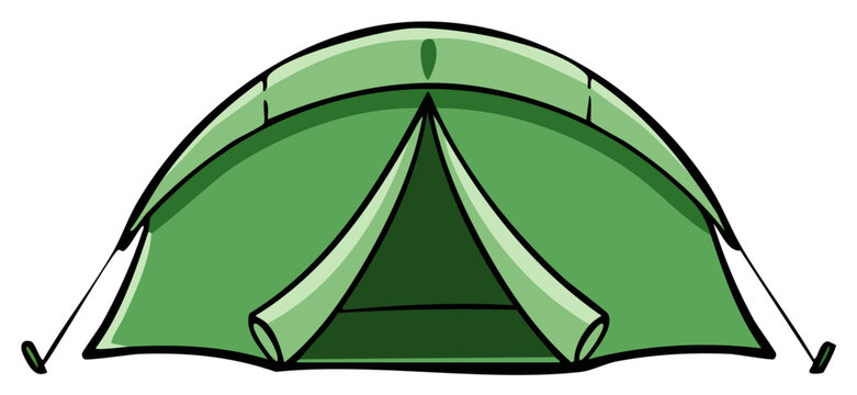 Green camping dome tent with open entrance and guide ropes cartoon illustration