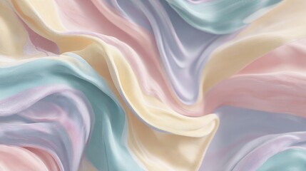 Fototapeta premium Close-up of a fabric with a wavy texture. the fabric appears to be made of silk or satin, with a soft and silky appearance. the colors of the fabric are pastel, with shades of pink, blue, and yellow.