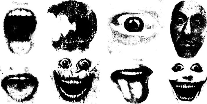 Faces displaying diverse expressions in a monochrome style. Vector illustration set capturing various emotions and gestures clearly.
