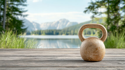 Rustic kettlebell on wooden dock by mountain lake, peaceful outdoor strength training scene