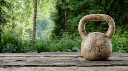 Rustic kettlebell on wooden table in forest