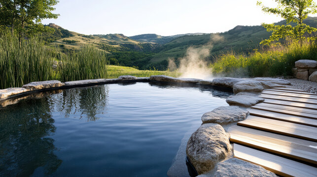 Hot spring pool surrounded by rocks and grassy hills with steaming water
