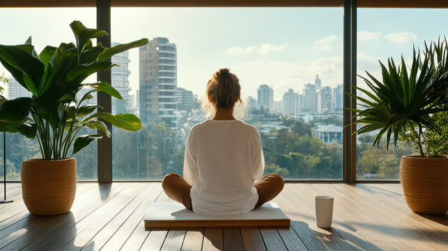 Young woman meditating on balcony with city view at sunrise, calm morning