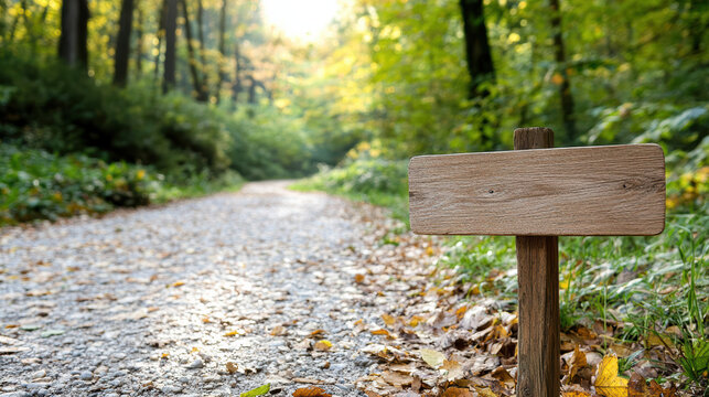 Wooden sign forest path leaf covered path autumn trail gravel pathway wooden post nature scene