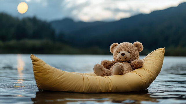Teddy bear floating on crescent pillow boat over calm lake at dusk, serene mood
