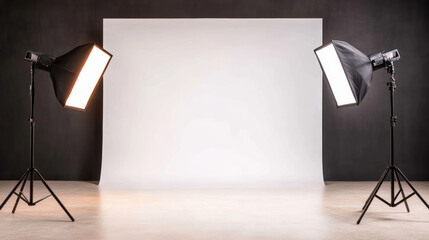 Studio lighting setup with two softbox lights and seamless white backdrop creating warm mood