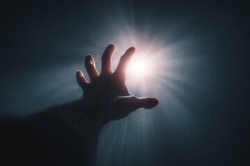 A hand reaching out from darkness towards a single, fragile light, expressing desperate hope and imminent danger, shot with a macro lens and soft focus